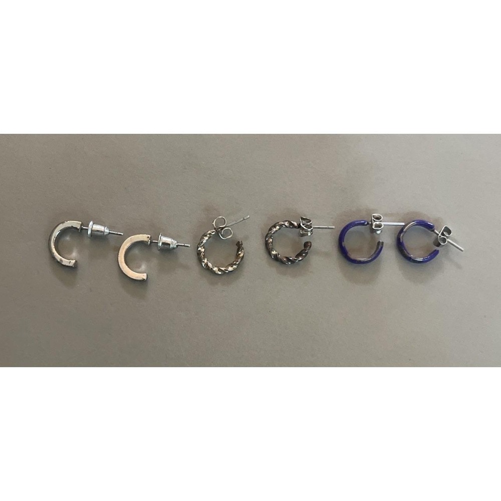 Vintage Lot Of 3 Hoop Earrings Silver Purple Gold Tones